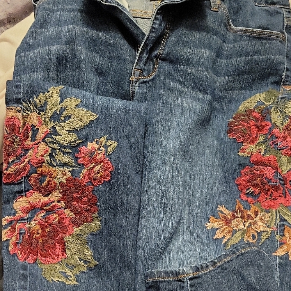 Nine West Blue Skinny Jeans with Red Floral Embroidery